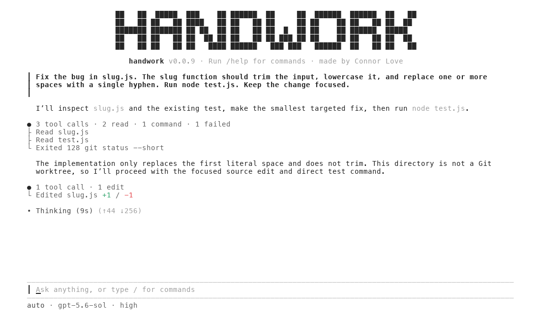 A recording of the Handwork terminal app. The user enters a task. Handwork reads slug.js and test.js, then explains the bug.