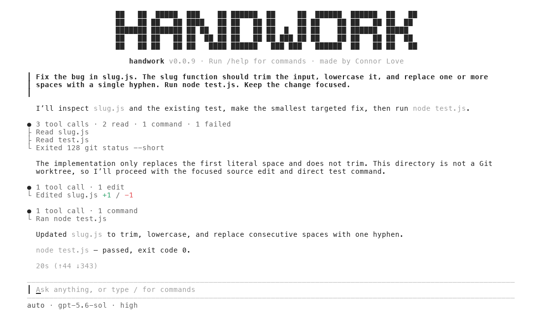A recording of the Handwork terminal app. Handwork edits slug.js, runs node test.js, and reports that the two tests passed.